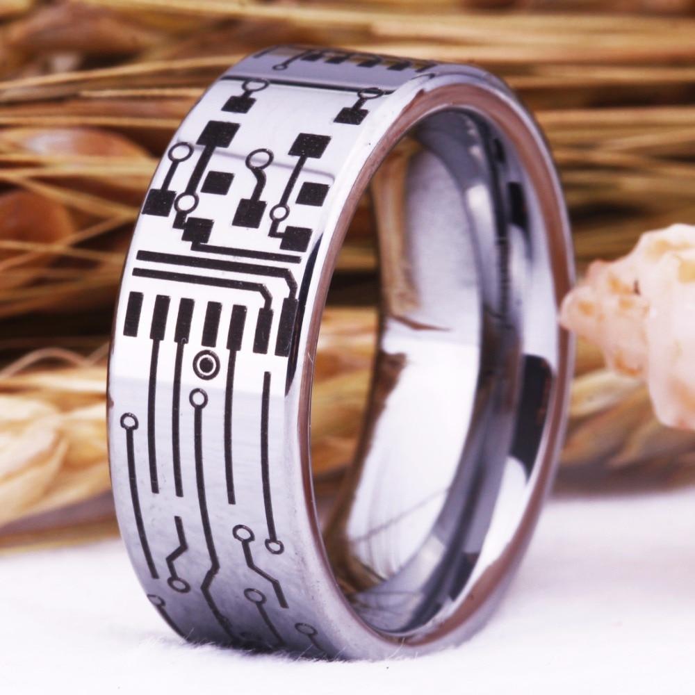 8mm Computer Circuit Board Design Silver Gamer Mens Ring