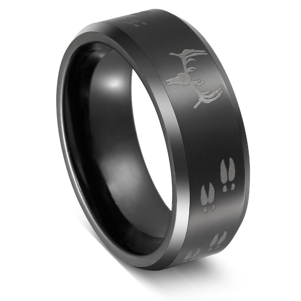 8mm Deer Buck Antlers & Hoof Prints Black Tungsten Mens Ring