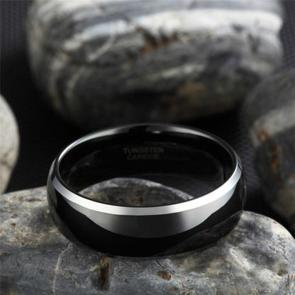 8mm Dome Black & Silver Edges High Polished Tungsten Mens Ring - Promise Rings