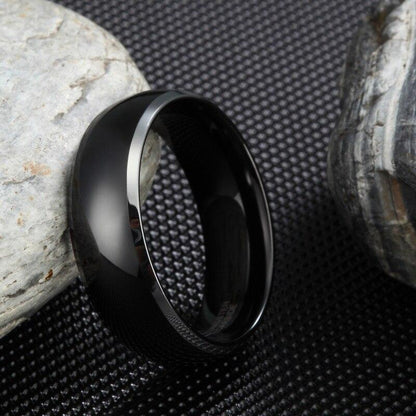 8mm Dome Black & Silver Edges High Polished Tungsten Mens Ring - Promise Rings