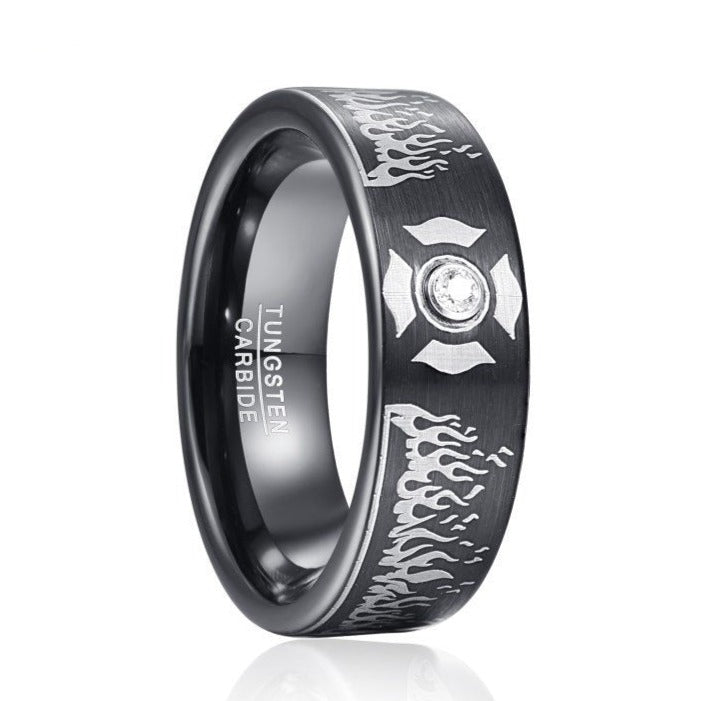 8mm Fire Flames Pattern & CZ Stone Tungsten Unisex Ring - Promise Rings