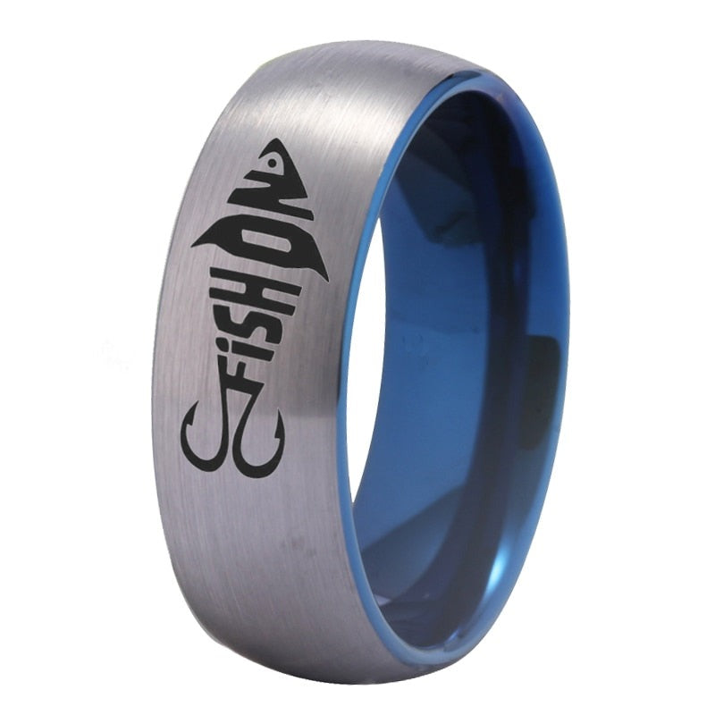 8mm Fishing Fish Hook Silver & Blue Tungsten Rings - Promise Rings