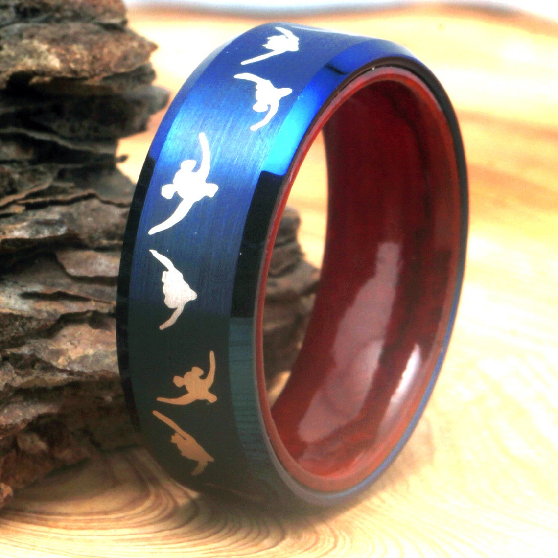 8mm Flying Ducks Blue & Wood Tungsten Men's Ring - Promise Rings