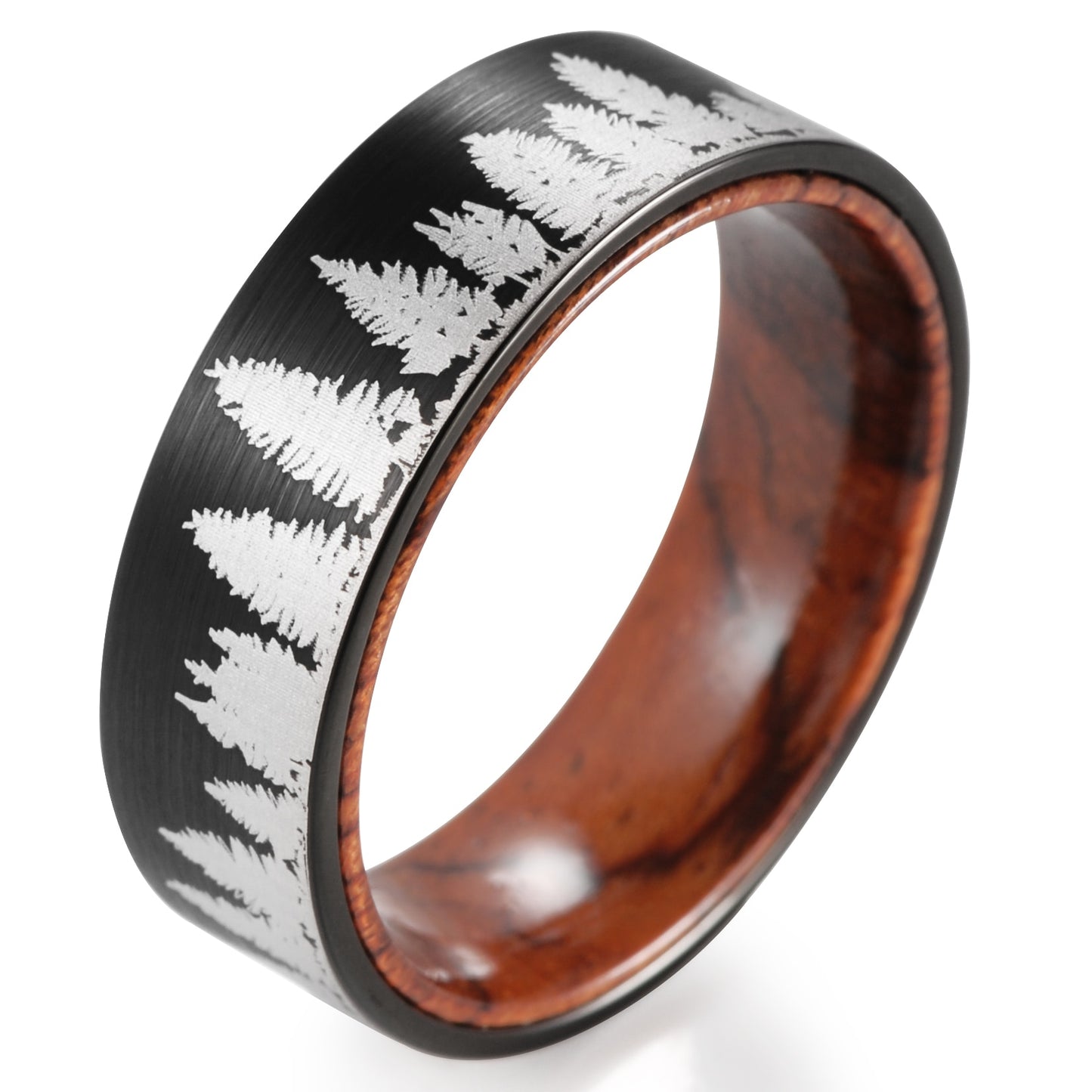 8mm Men's Black Tungsten Carbide Wedding Band Rosewood Inner with Tree Scene Ring - Promise Rings