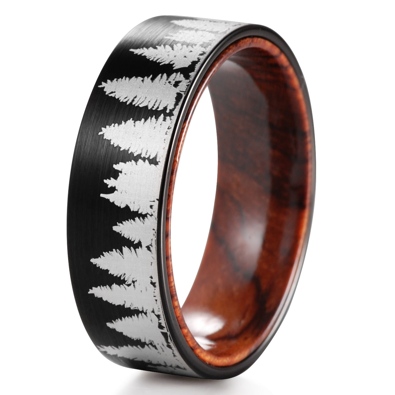 8mm Men's Black Tungsten Carbide Wedding Band Rosewood Inner with Tree Scene Ring - Promise Rings