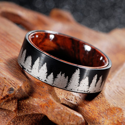 8mm Men's Black Tungsten Carbide Wedding Band Rosewood Inner with Tree Scene Ring - Promise Rings