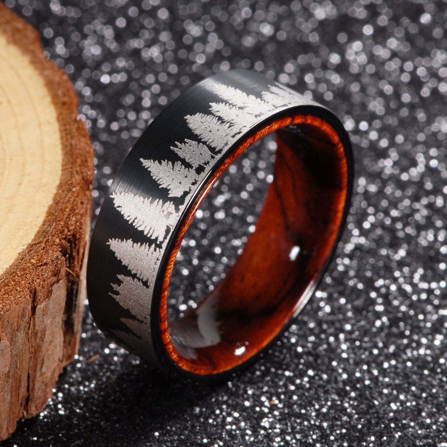8mm Men's Black Tungsten Carbide Wedding Band Rosewood Inner with Tree Scene Ring - Promise Rings