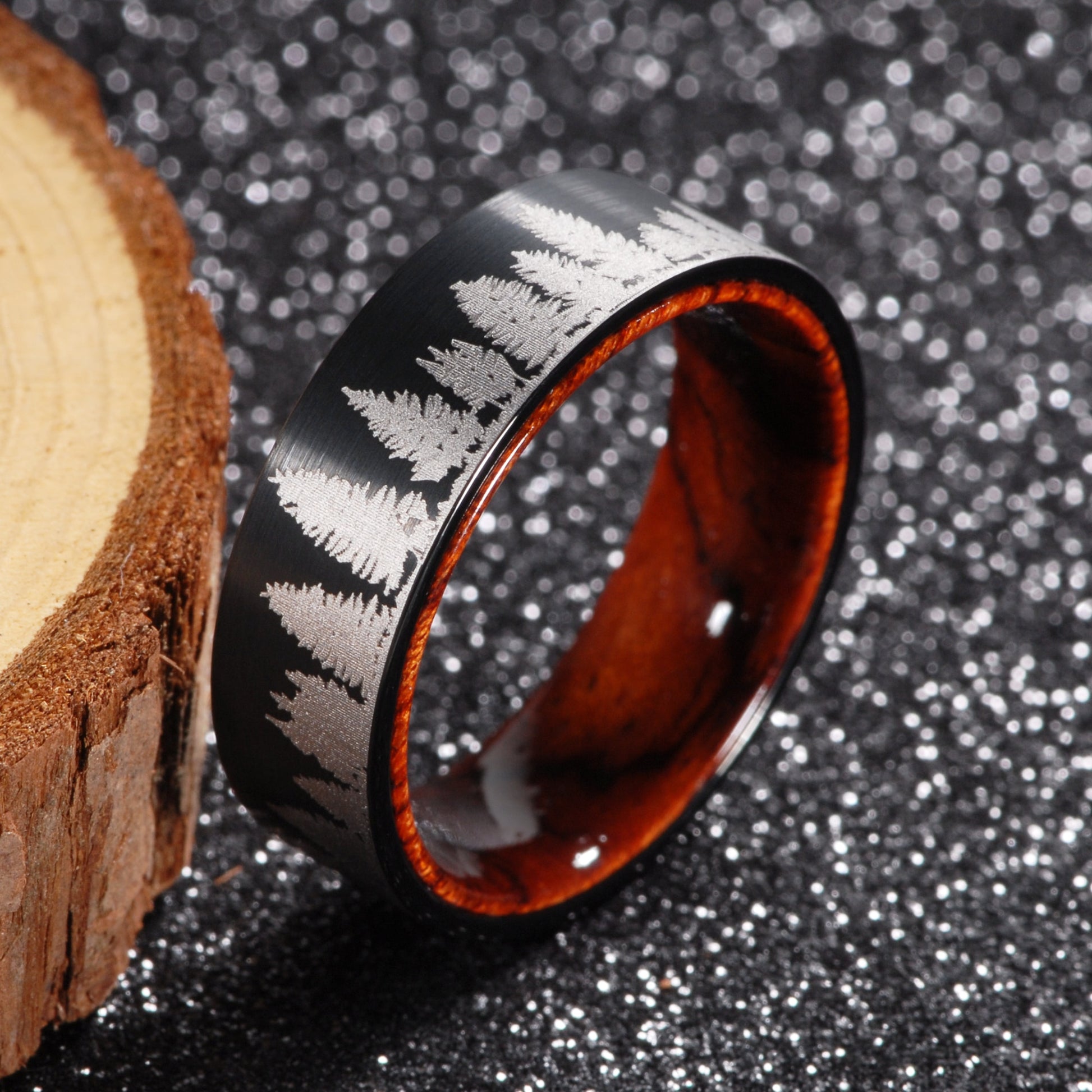 8mm Men's Black Tungsten Carbide Wedding Band Rosewood Inner with Tree Scene Ring - Promise Rings