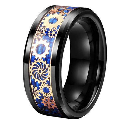 8mm Gears Blue Carbon Fibre Rose Gold & Black Tungsten Men's Ring - Promise Rings