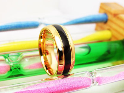 8mm Gold & Black Groove Inlay Mens Ring - Promise Rings