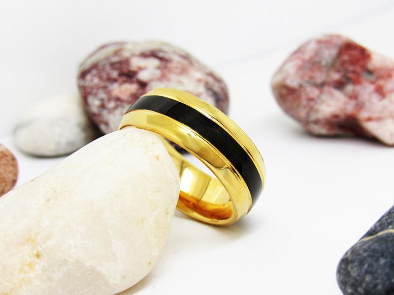 8mm Gold & Black Groove Inlay Mens Ring - Promise Rings