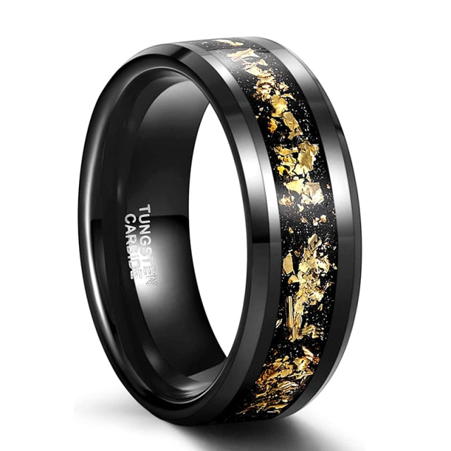 8mm Gold Foil or Silver Silk & Sandstone Inlay Black Tungsten Men's Ring - Promise Rings