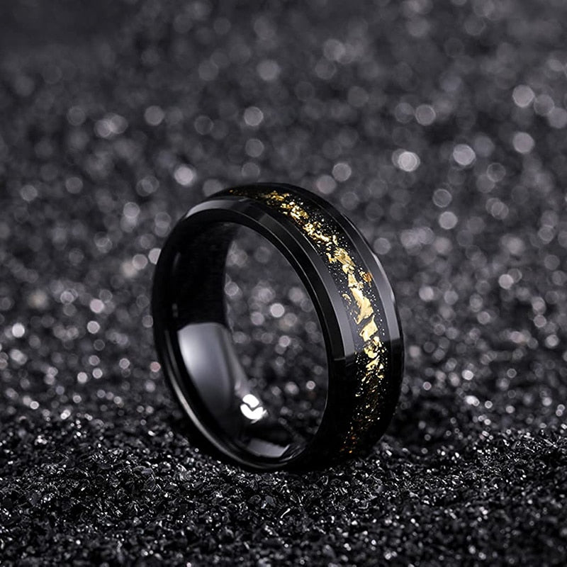 8mm Gold Foil or Silver Silk & Sandstone Inlay Black Tungsten Men's Ring - Promise Rings