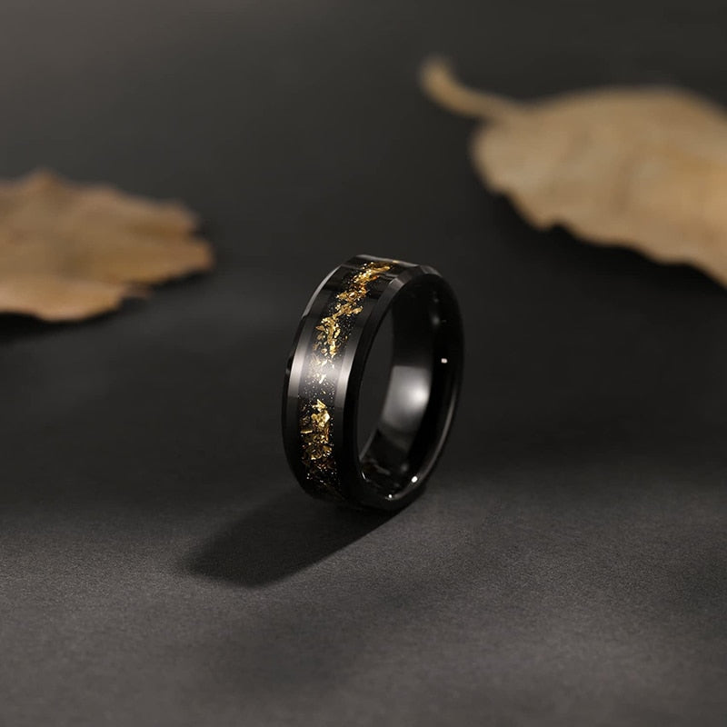 8mm Gold Foil or Silver Silk & Sandstone Inlay Black Tungsten Men's Ring - Promise Rings