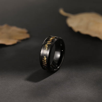 8mm Gold Foil or Silver Silk & Sandstone Inlay Black Tungsten Men's Ring - Promise Rings