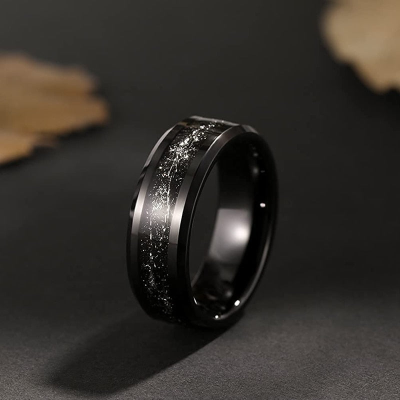 8mm Gold Foil or Silver Silk & Sandstone Inlay Black Tungsten Men's Ring - Promise Rings