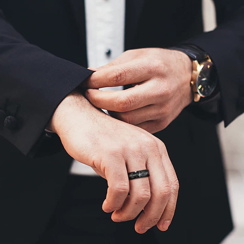 8mm Gold Foil or Silver Silk & Sandstone Inlay Black Tungsten Men's Ring - Promise Rings