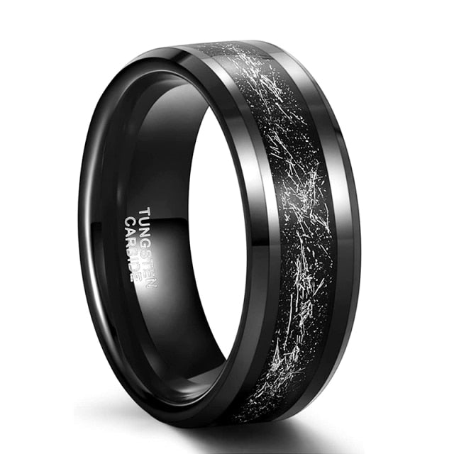 8mm Gold Foil or Silver Silk & Sandstone Inlay Black Tungsten Men's Ring - Promise Rings