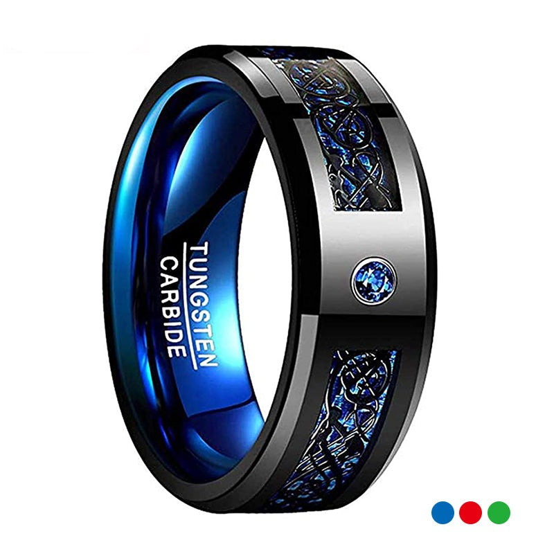 8mm Green, Blue or Red Cubic Zirconia Eternity & Celtic Dragon Men's Ring - Promise Rings