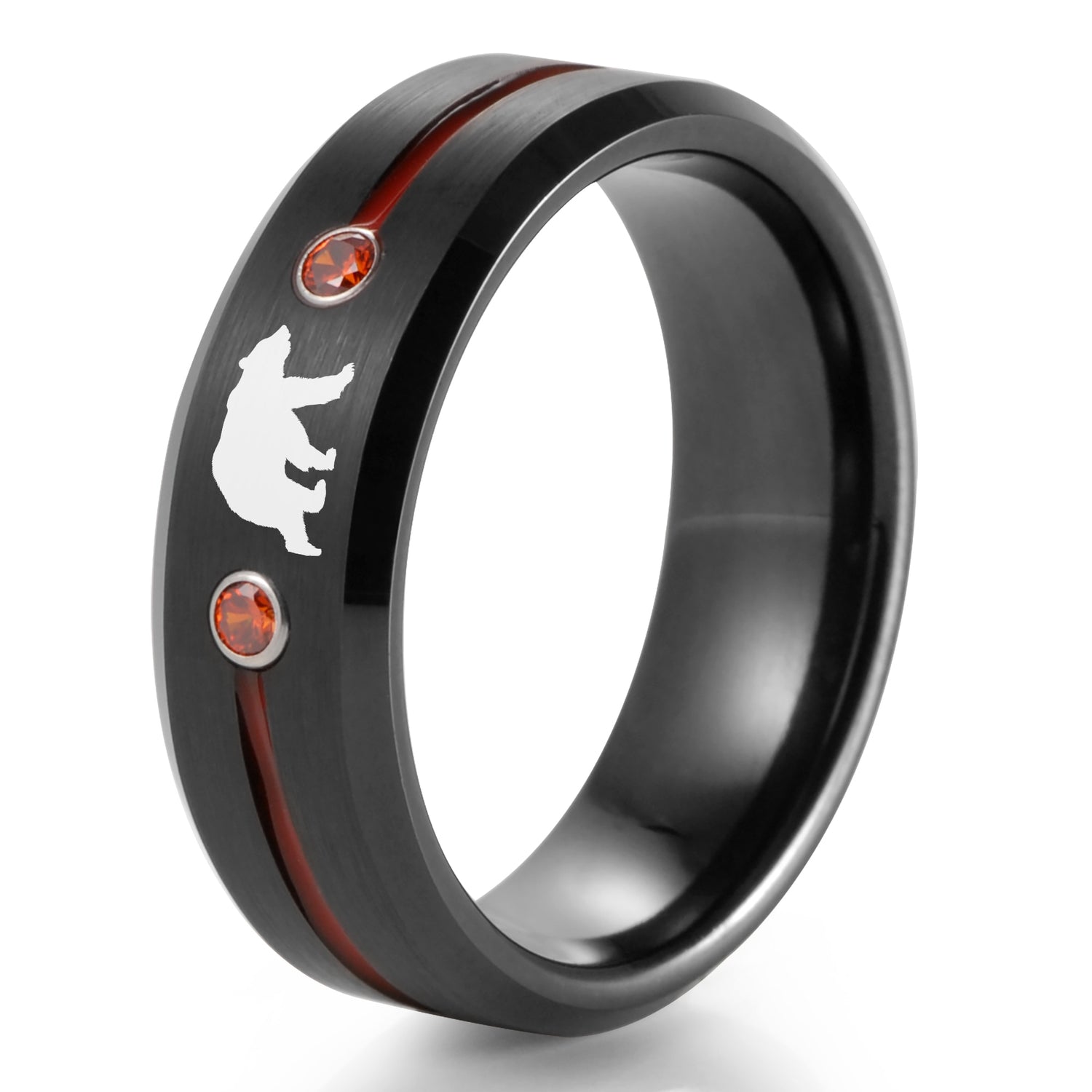 8mm Grizzly Bear Red Stones & Black Tungsten Unisex Ring - Promise Rings