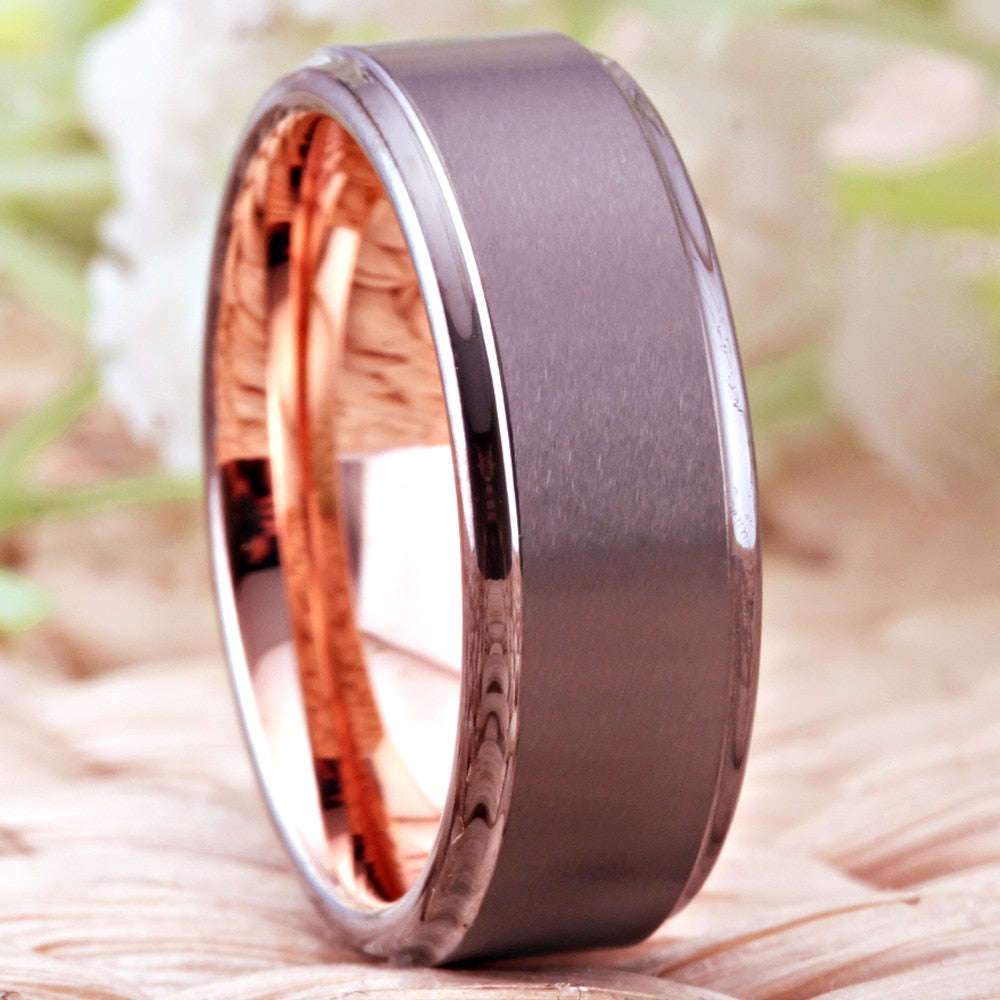 8mm Gunmetal & Ring Rose Golden Unisex Ring - Promise Rings