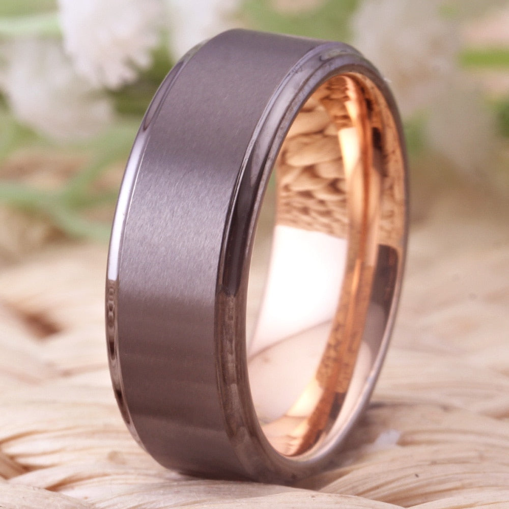 8mm Gunmetal & Ring Rose Golden Unisex Ring - Promise Rings