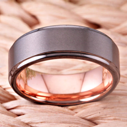 8mm Gunmetal & Ring Rose Golden Unisex Ring - Promise Rings
