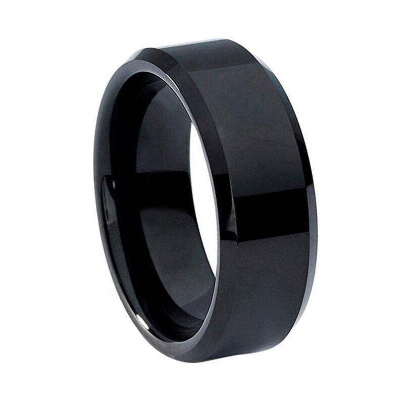 8mm High-Polished Black Tungsten Ring – Beveled Edge Minimalist Band (Men’s) - Promise Rings