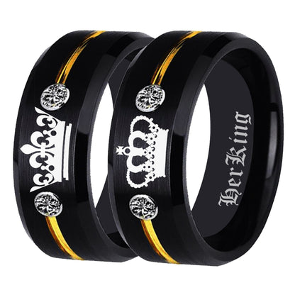His 8mm Queen & Her King – Black Tungsten Matching Couples Rings with Gold Stripe & Crown Design (Unisex) - Promise Rings