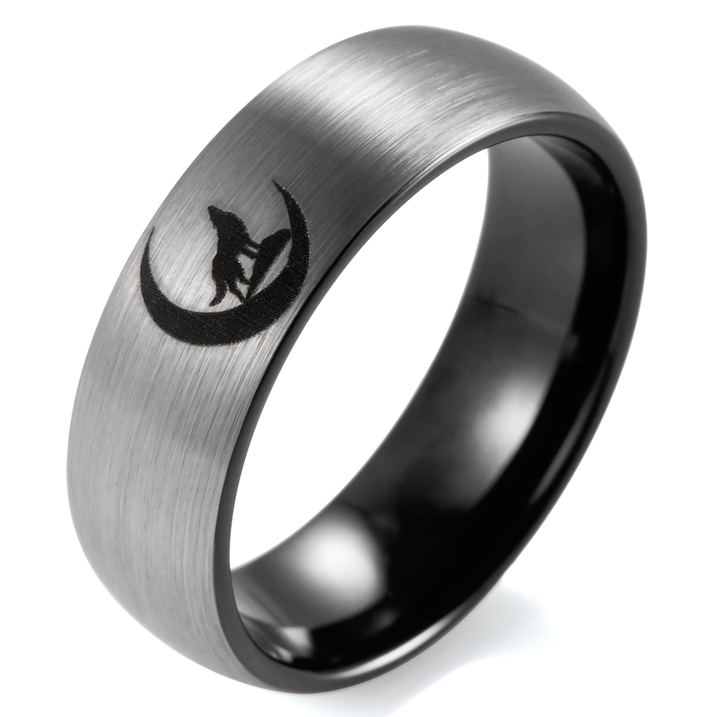 8mm Howling Wolf & Moon Outdoors Tungsten Unisex Ring - Promise Rings