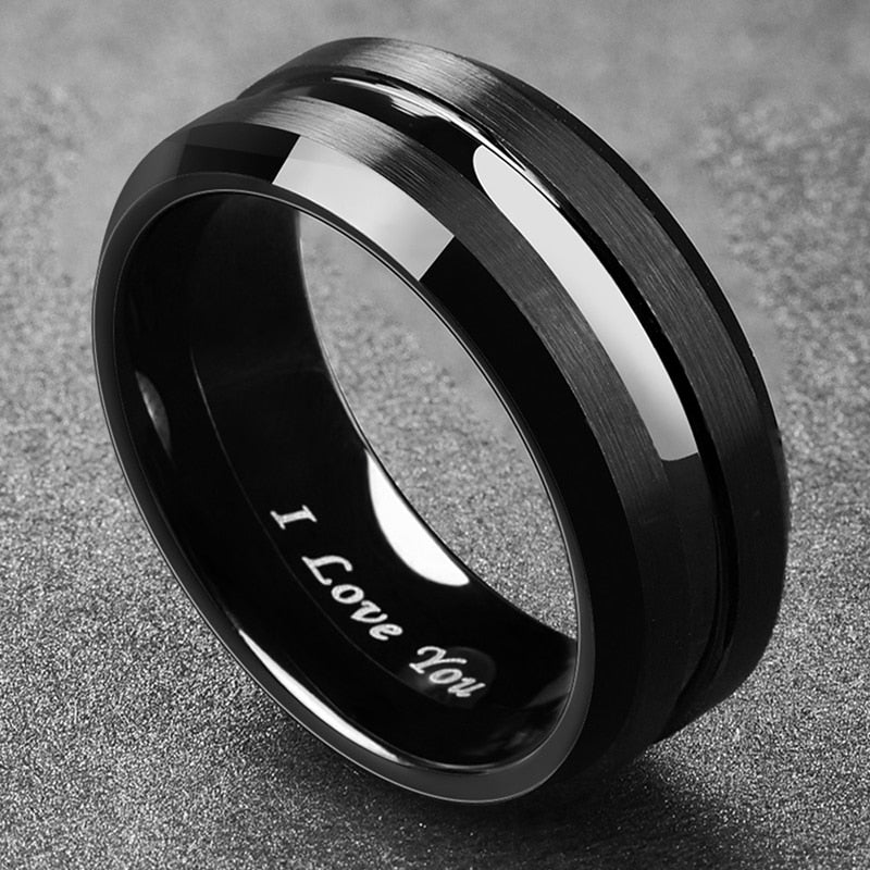 8mm I Love You Black Tungsten Men's Ring - Promise Rings