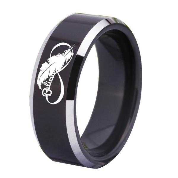 8mm Infinity Feather Believe Black Tungsten Men's Ring