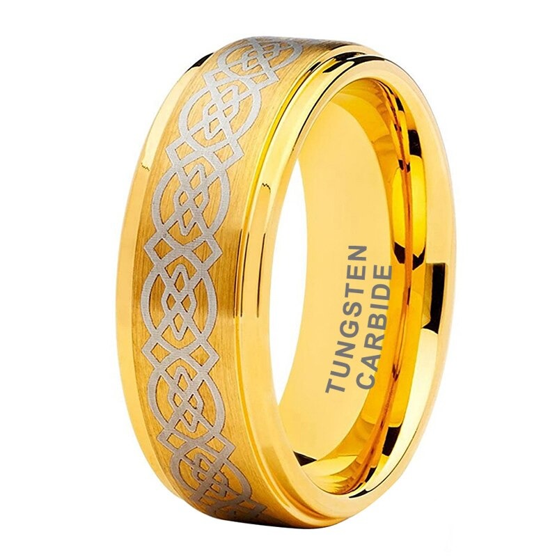 8mm Irish Celtic Design Gold Factory Tungsten Men's Ring - Promise Rings