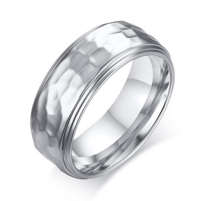 8mm Irregular Hammer Texture Stainless Steel Mens Ring - Promise Rings