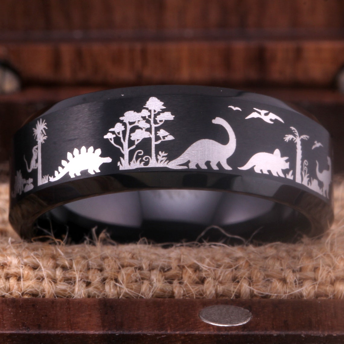 8mm Jurassic Dinosaurs Palaeontologist Black Tungsten Men's Ring - Promise Rings