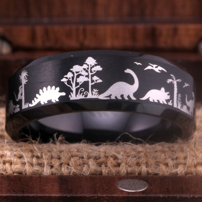 8mm Jurassic Dinosaurs Palaeontologist Black Tungsten Men's Ring - Promise Rings