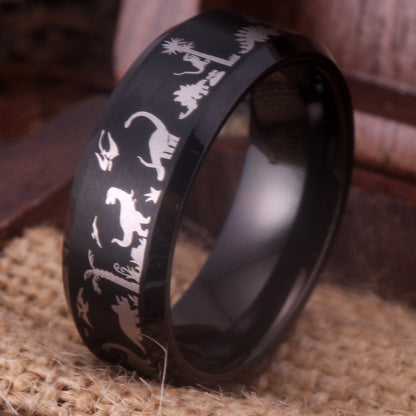 8mm Jurassic Dinosaurs Palaeontologist Black Tungsten Men's Ring - Promise Rings