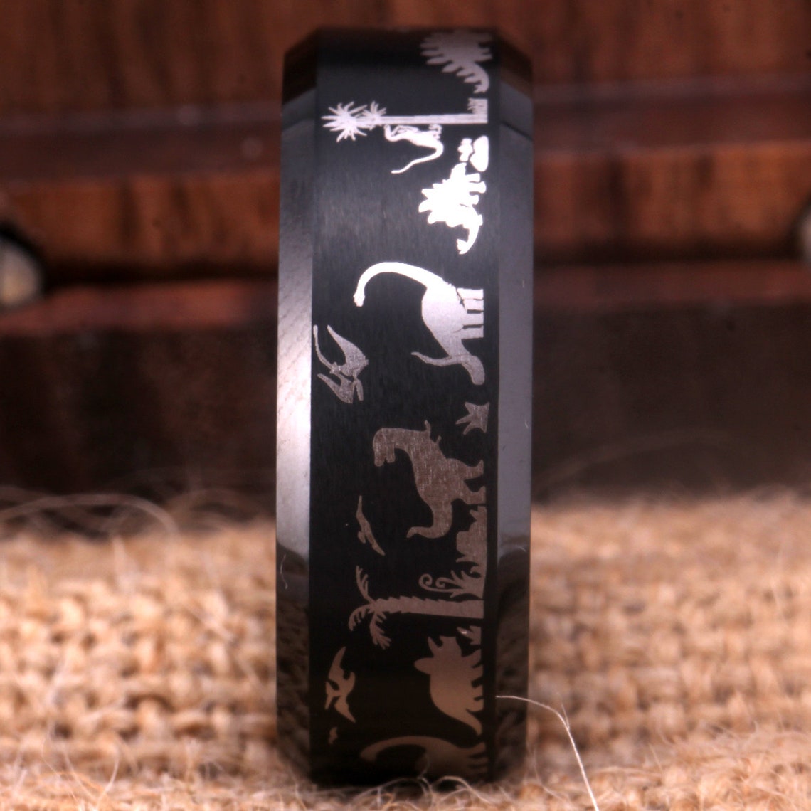 8mm Jurassic Dinosaurs Palaeontologist Black Tungsten Men's Ring - Promise Rings