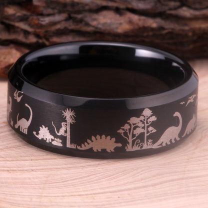 8mm Jurassic Dinosaurs Palaeontologist Black Tungsten Men's Ring - Promise Rings