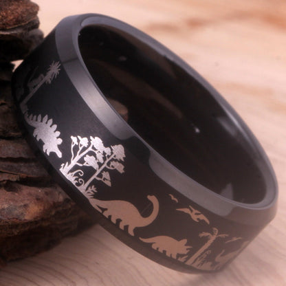 8mm Jurassic Dinosaurs Palaeontologist Black Tungsten Men's Ring - Promise Rings