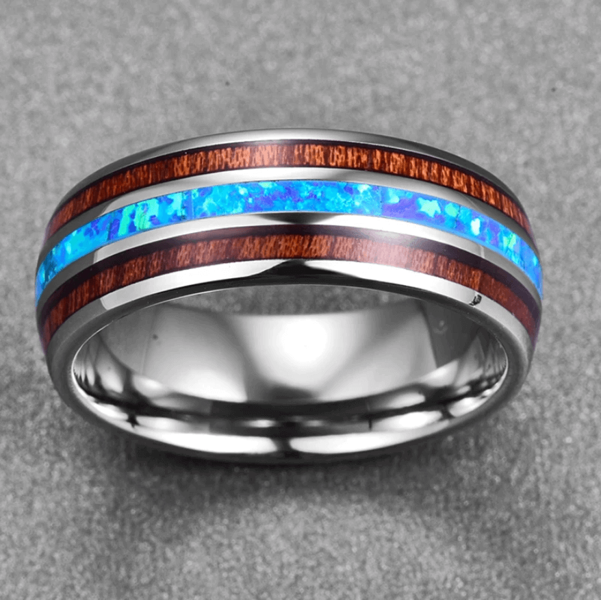 8mm Luxury Blue Opal & Koa Wood Polished Tungsten Unisex Ring - Promise Rings