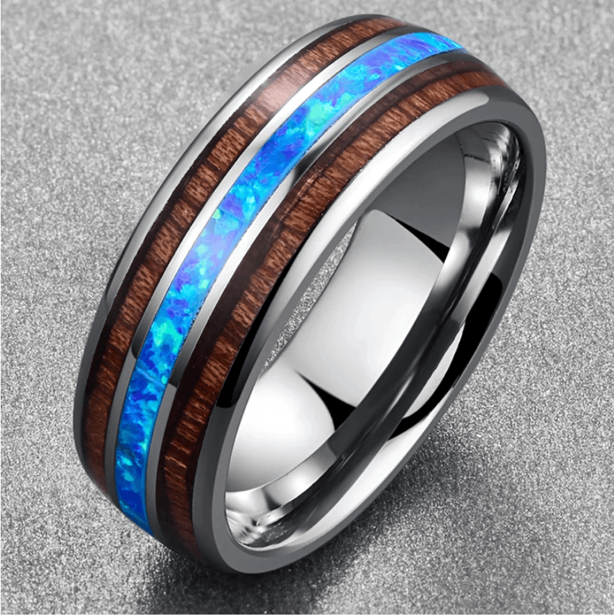 8mm Luxury Blue Opal & Koa Wood Polished Tungsten Unisex Ring - Promise Rings
