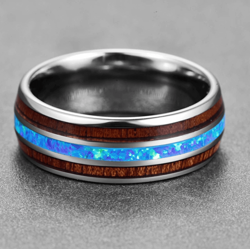 8mm Luxury Blue Opal & Koa Wood Polished Tungsten Unisex Ring - Promise Rings