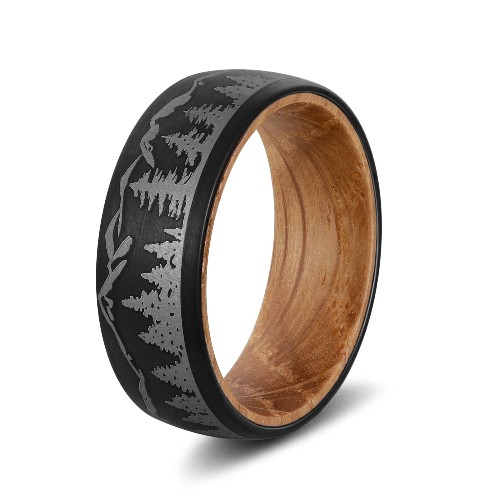 8mm Black Tungsten Forest Ring – Whiskey Barrel Wood & Mountain Design (Men’s) - Promise Rings
