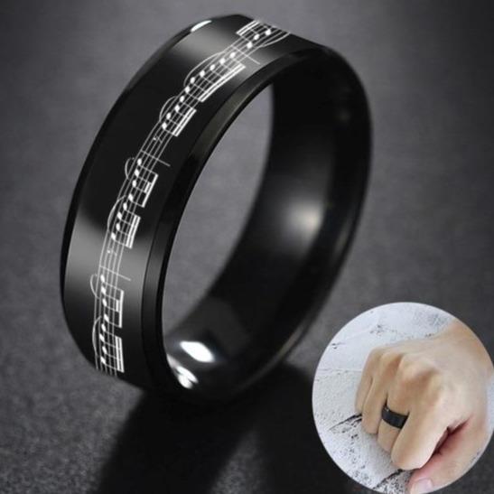 8mm Music Notes Musician Black Stainless Steel Men's Ring - Promise Rings
