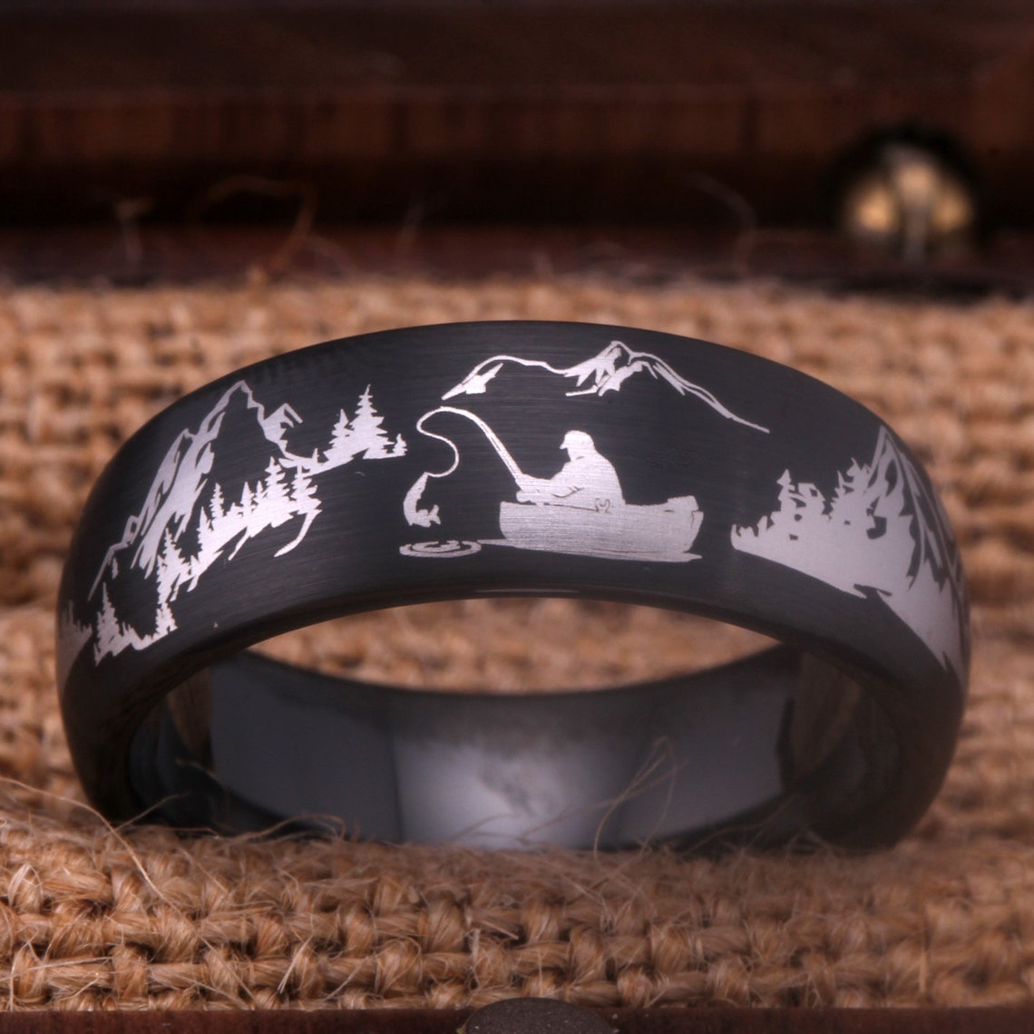 8mm Outdoors Fisherman Black Tungsten Men's Ring - Promise Rings