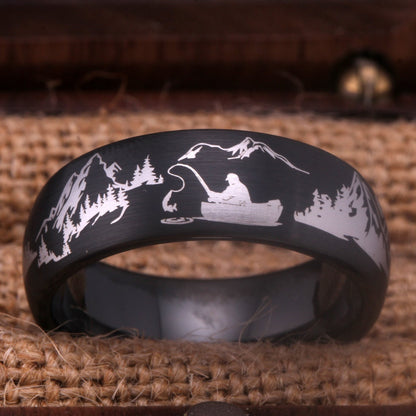 8mm Outdoors Fisherman Black Tungsten Men's Ring - Promise Rings