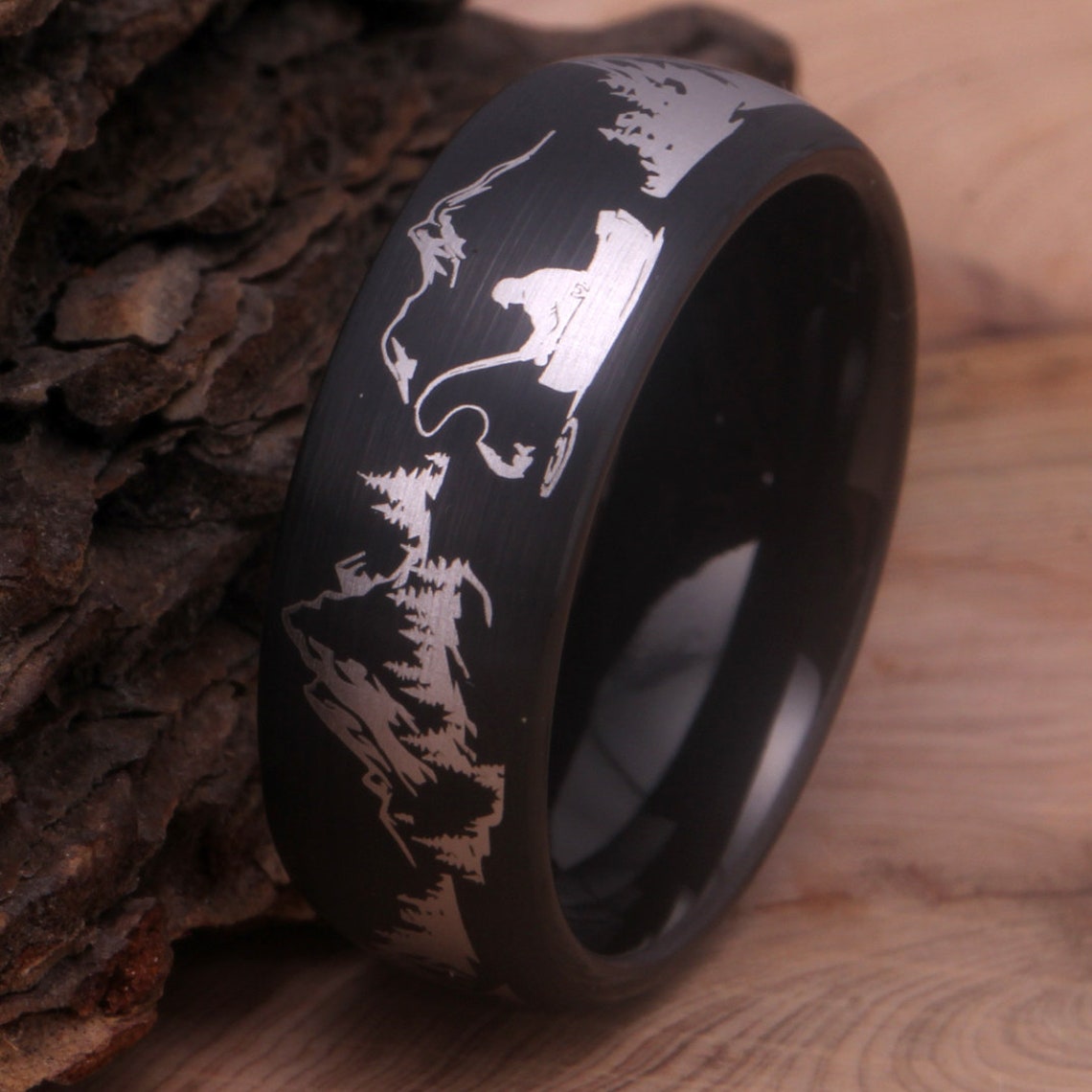 8mm Outdoors Fisherman Black Tungsten Men's Ring - Promise Rings