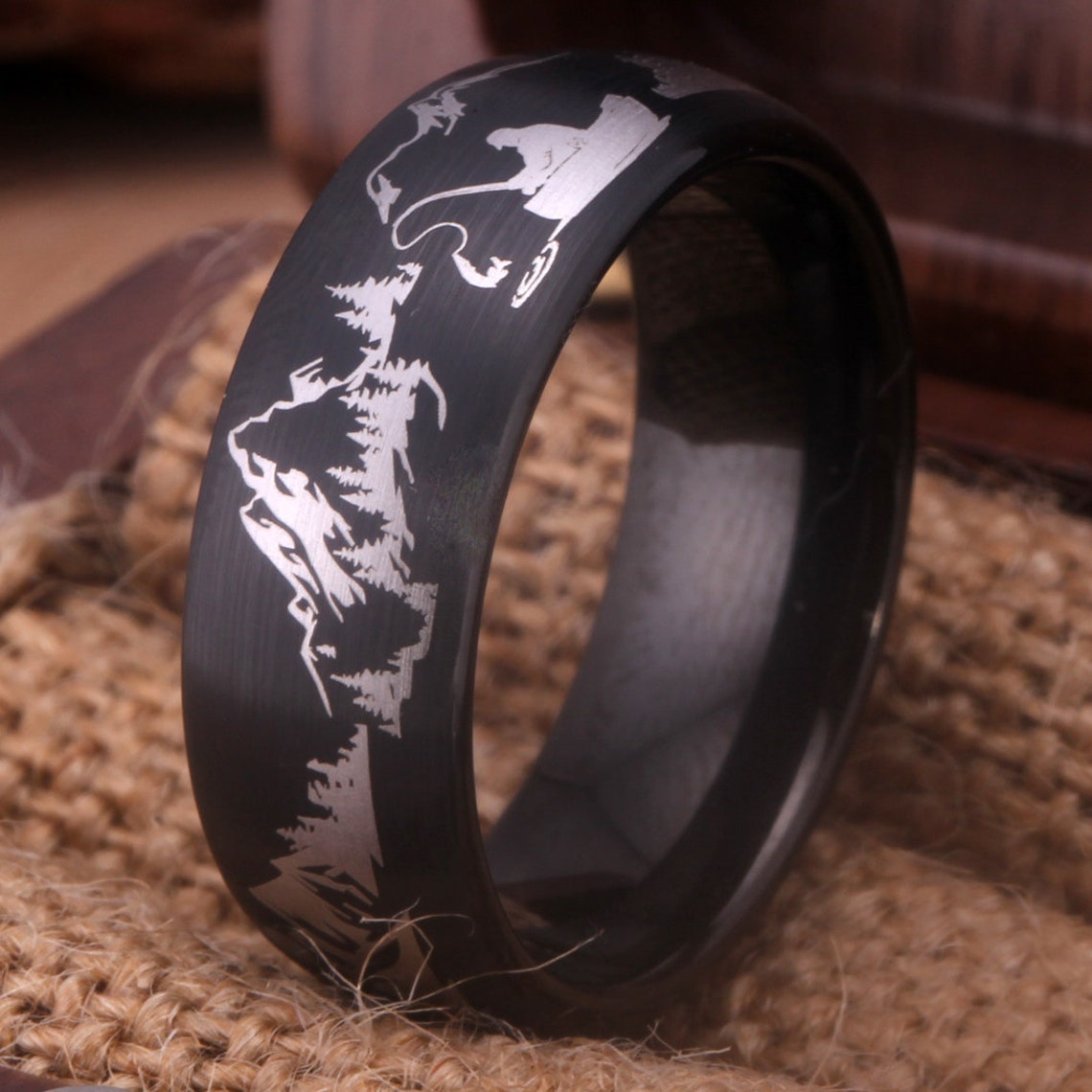 8mm Outdoors Fisherman Black Tungsten Men's Ring - Promise Rings