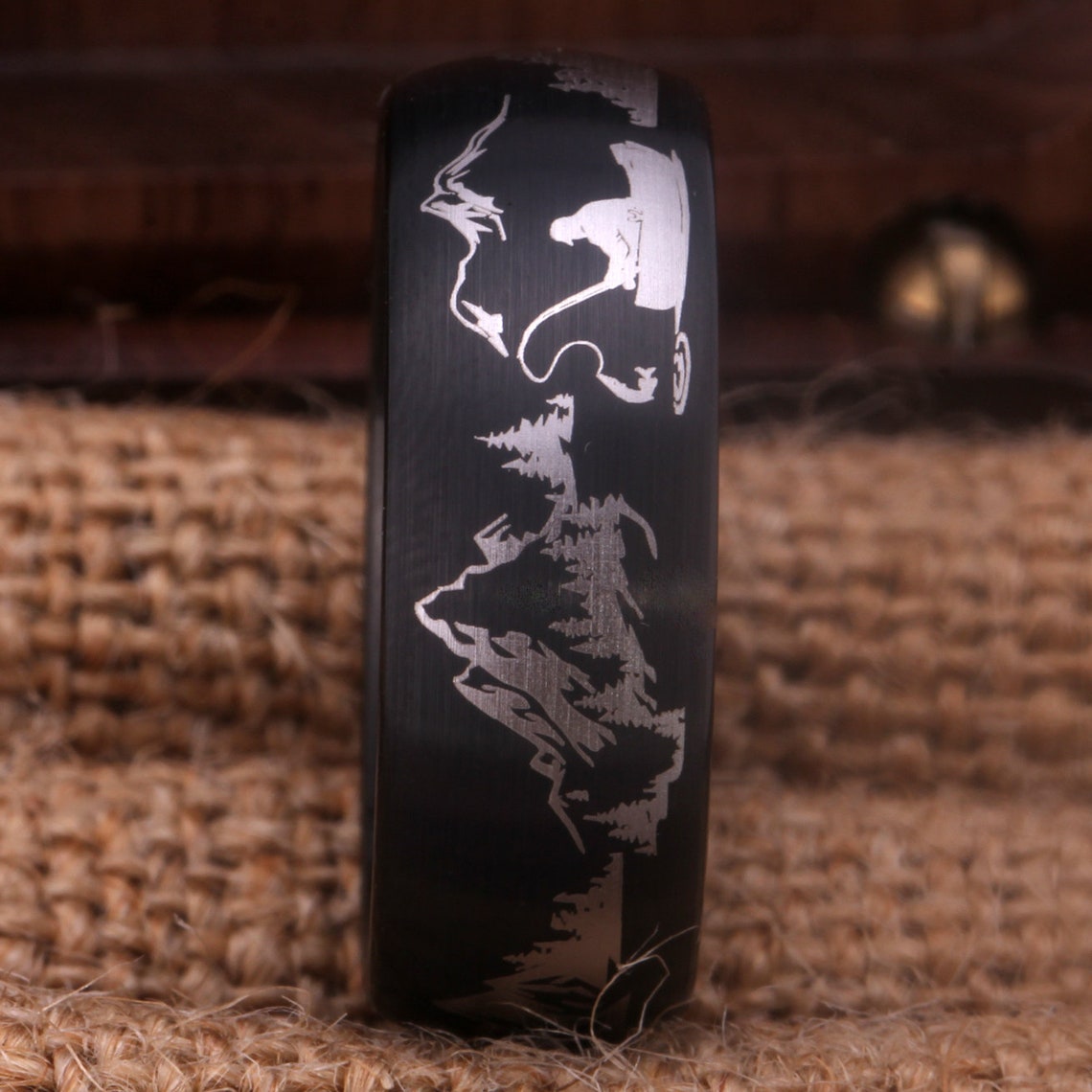 8mm Outdoors Fisherman Black Tungsten Men's Ring - Promise Rings